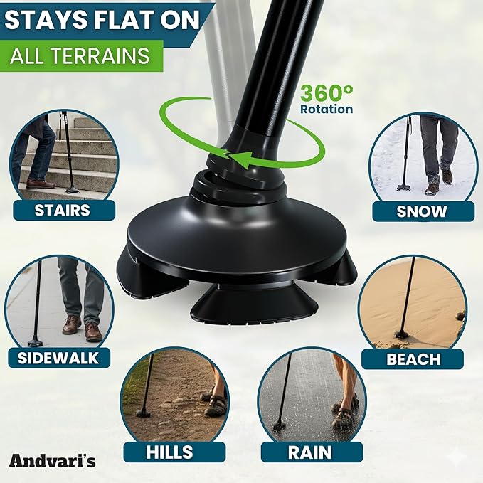 Walking Cane for Men & Women – Foldable, Adjustable, Self-Standing Cane with 360° Pivot Base, Comfortable Grip, Heavy Duty Canes for Women, Collapsible Walking Stick with Travel Bag for Seniors Adults
