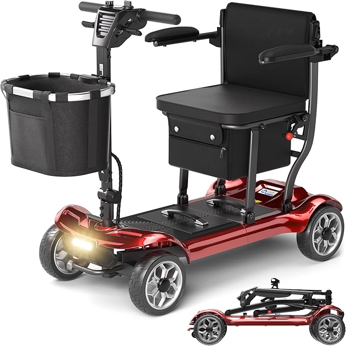Lightweight Mobility Scooter for Adults & Seniors - Cruise & Airport Approved, 43lb Foldable Portable Motorized Scooters with Dual Lithium Batteries for 24.8 Miles Travel, 300lb Capacity, Red