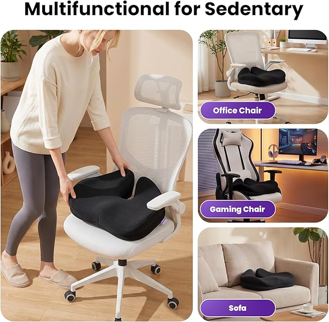 ZZ-WELL Seat Cushions for Office Chairs - Patented Coccyx Cushion for Tailbone Pain - 21.2" W x 16.5" L Memory Foam Extra Large Seat Cushion, Removable & Machine Washable Cover (Black)