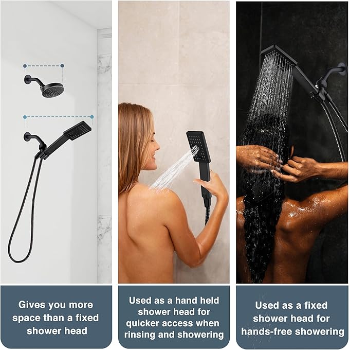 BRIGHT SHOWERS High Pressure Handheld Shower Head Set, High Flow Hand Held Showerhead with 60" Long Stainless Steel Hose and Adjustable Wall Bracket, 3 Spray Setting Shower Wand, Matte Black