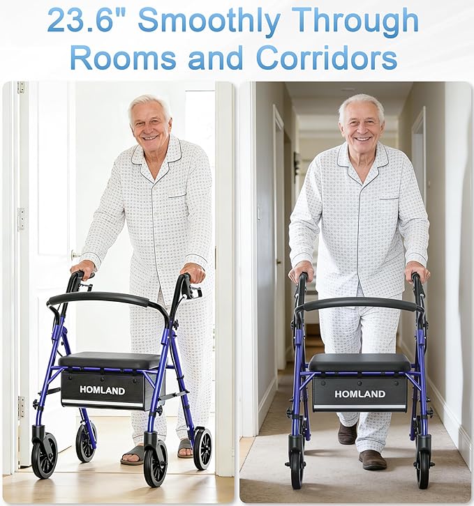 16 Pounds Lightweight Walkers for Seniors with Seat, Narrow Rolling Walker with 4 Puncture-Resistant Wheels, 5-Level Height Adjustable, 300 lbs Weight Capacity (Blue)