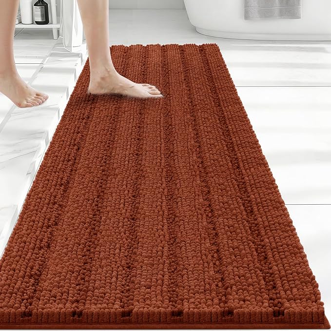 Bcoimo Long Bathroom Rug, Chenille Bath Runner with High Low Pile Design, Soft Absorbent Non Slip Bath Mat, Machine Washable Quick Dry Rug for Shower, Tub, Sink and Vanity