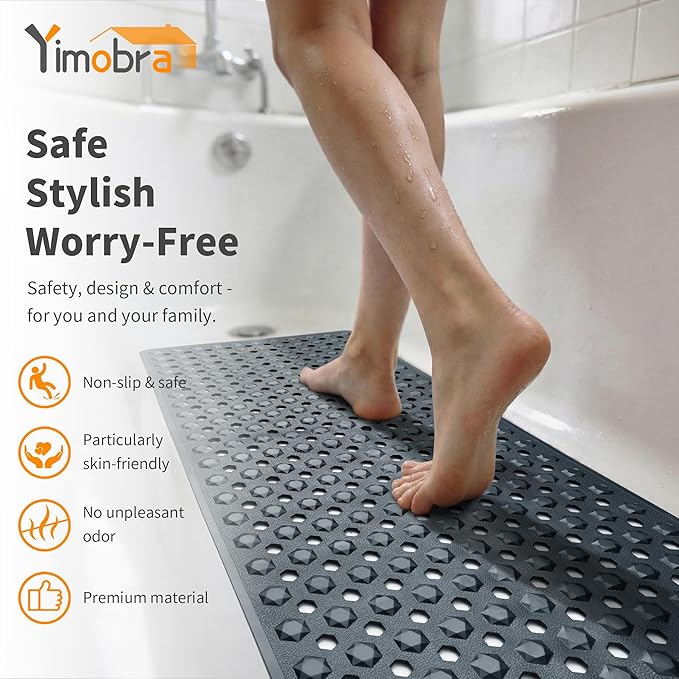 Yimobra Bath Tub Mat Non Slip, 34.5"x15.5" Long Shower Mat, Machine Washable Bathmat with Drain Holes and Suction Cups, Soft on Feet, Bathroom Essentials, Dark Grey