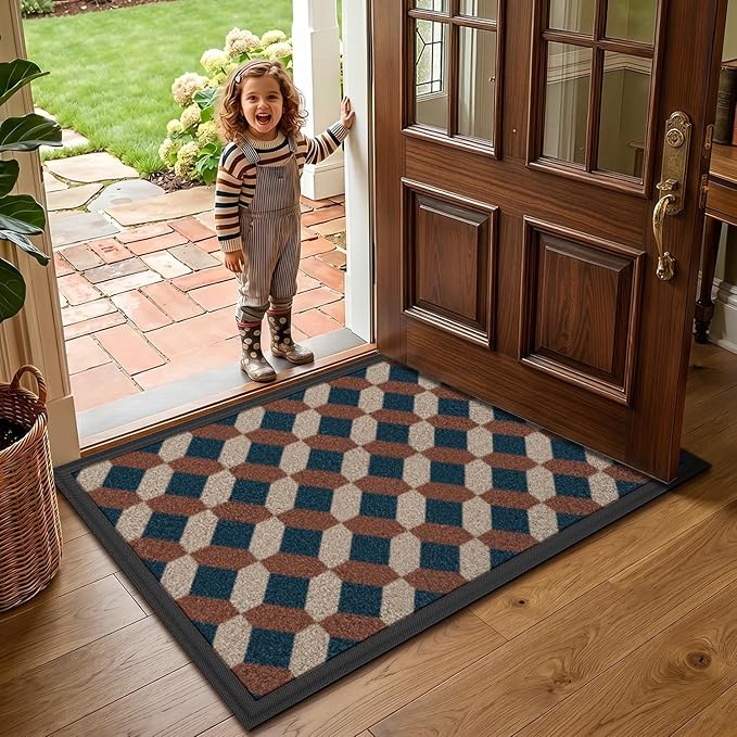 LUMI Front Door Mat 30x48, Low-Profile Non-Slip Welcome Mat for Indoor Outdoor, Stain & Fade Resistant Geometric Door Mat for Entryway Patio Porch, Geo-Navy