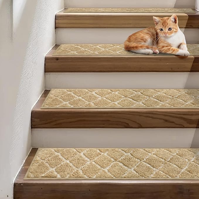 Non Slip Microfiber Stair Treads for Wooden Steps, 15PCS 8"x30" Indoor Safety Carpet, 3D Cut & Loop Tufted Edging Mats with TPE Adhesive Backing, Pet & Elderly Friendly Stair Rugs (Tan/White)
