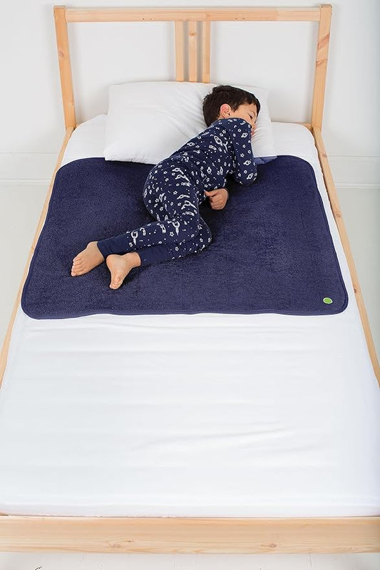 PeapodMats Bedwetting & Incontinence Waterproof Bed Mat - Reusable Underpad. Secure Placement & Breathable. Washable. Enviro Friendly 3x3 (Navy Blue) Mattress Protector & Pee Pad for Kids & Adults