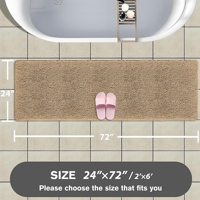 Bathroom Runner Rug 24 x 72 Non Slip – Extra Long Bath Mat | Absorbent and Washable Thick Chenille Runner Rug for Bathroom, Shower, Tub, Sink(Beige)