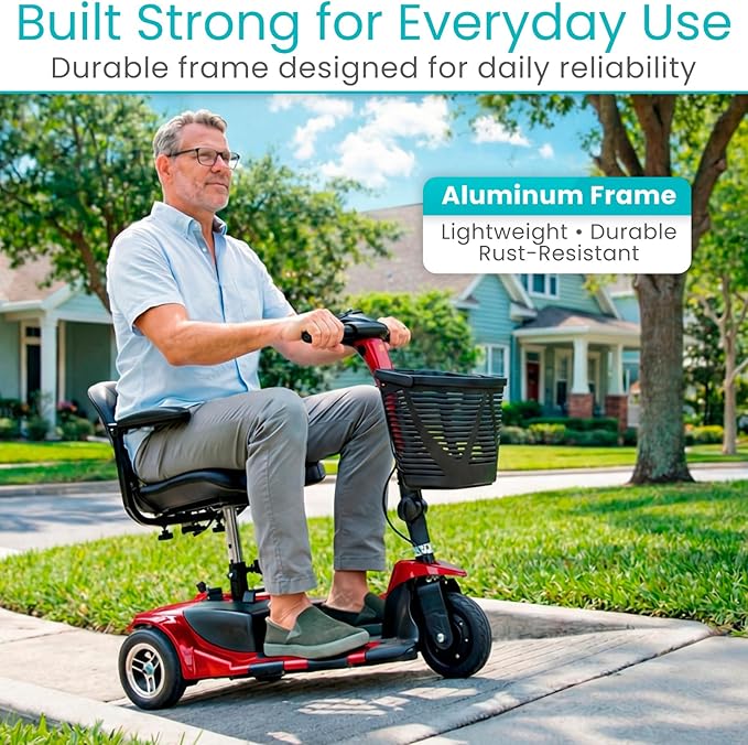 Vive 3 Wheel Mobility Scooter - Electric Powered Mobile Wheelchair Device for Adults - Folding, Collapsible and Compact for Travel - Long Range Power Extended Battery with Charger and Basket Included