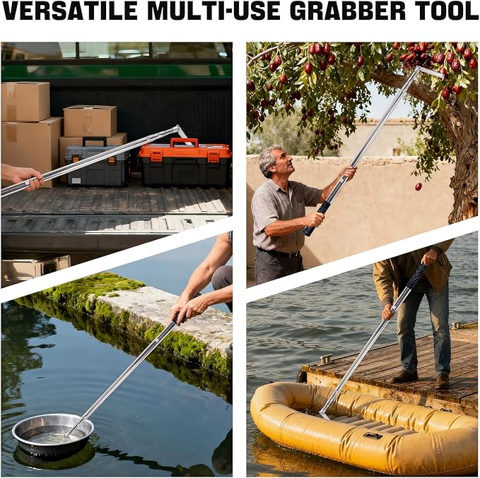 Grabber Reacher Tool,6.3 FT Reacher Grabber Pickup Tool for Heavy Duty Pickup Trucks Bed,Accessories and More Telescoping Pole with 2 Hooks-Silver