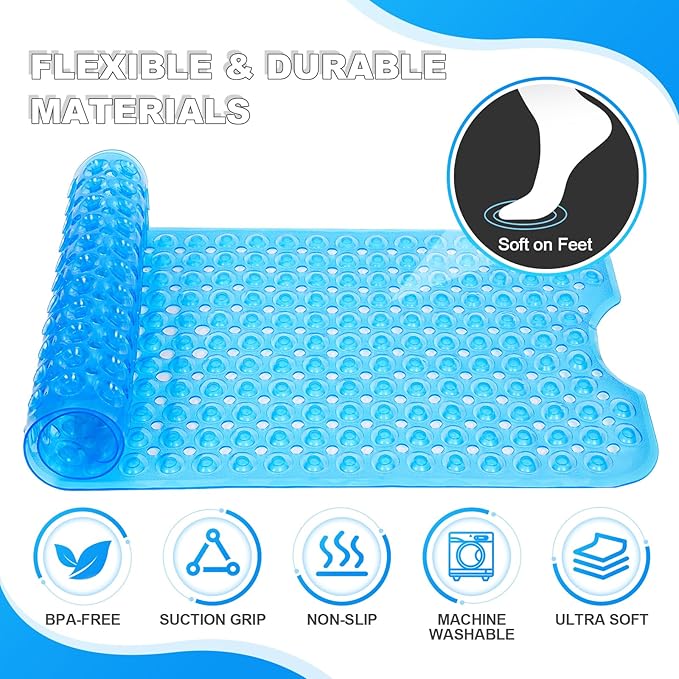 Linoows Bathtub and Shower Mats, 40x16 Inch Extra Large Non Slip Soft Bath Tub Mat with Suction Cups and Drain Holes for Bathroom Floor, Machine Washable, Clear Blue