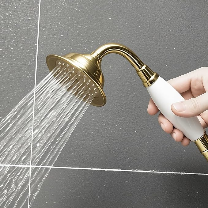 ENGA Vintage Hand-held Shower Rain Sprayer Telephone Shaped Ceramic Shower Head with 59 Inch Hose for Bathroom, Brushed Gold