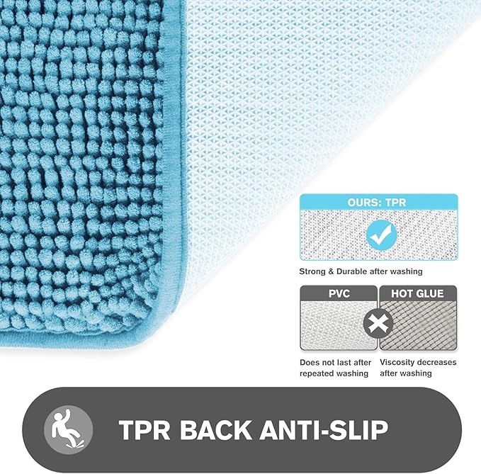 Sky Blue Bathroom Rugs – Absorbent and Washable Bath Mat, Non-Slip, Thick Soft Chenille Bath Rugs for Bathroom Floor, Shower, Sink - 17" x 24"