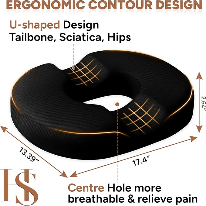 Donut Pillow Seat Cushion with Washable Cover – Tailbone Pain Relief Cushion for Postpartum – Anti-Slip Sciatica Pain Relief Pillow – Lumbar Support Pillow for Office Chair, Car & Home