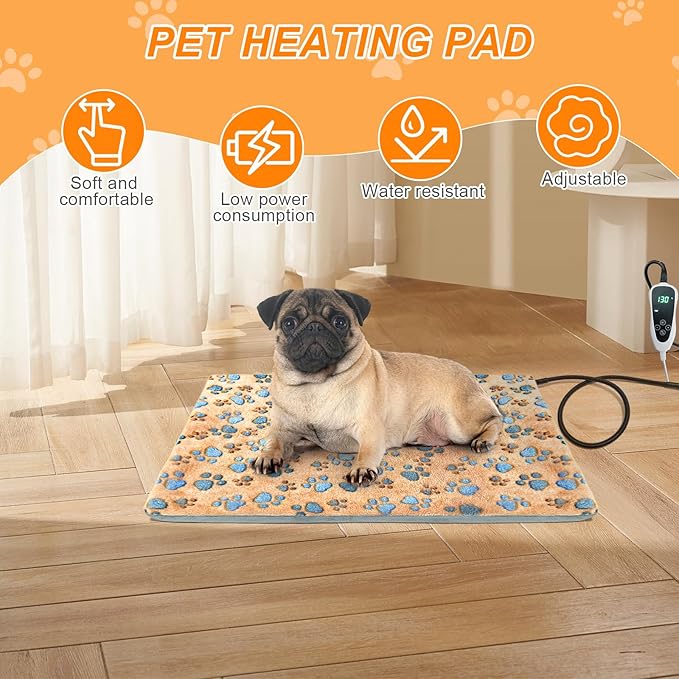 GOLOPET Dog Heating Pad 28×18 in Waterproof PVC Pet Heating Pad, Adjustable Thermostat+Constant On Function, Metal Protective Tube Comes with a Plush Cotton Sleeve，Whelping Box-Apricot