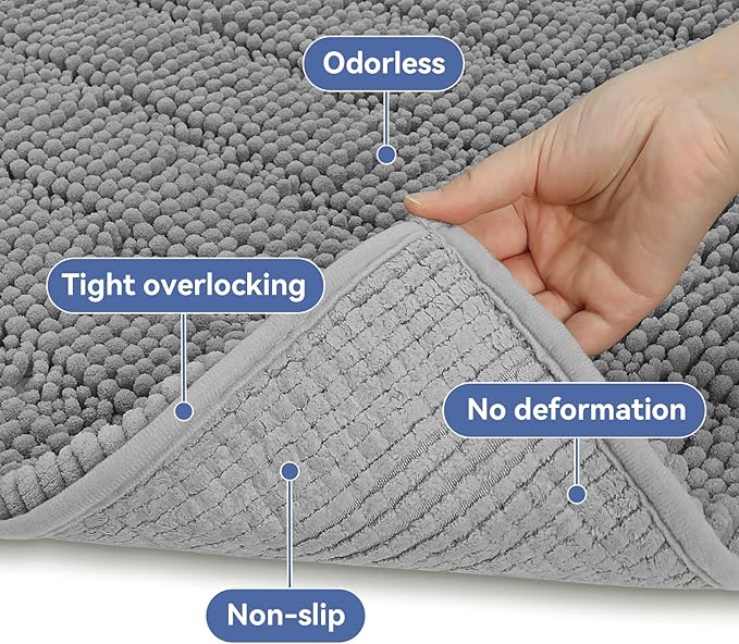 Bcoimo 30"×20" Chenille Bath Mat – Non-Slip with Backing Bath Rug Ultra-Absorbent and Machine Washable Bathroom Mat Quick-Dry Design. Ideal for Bathroom and Tub Areas