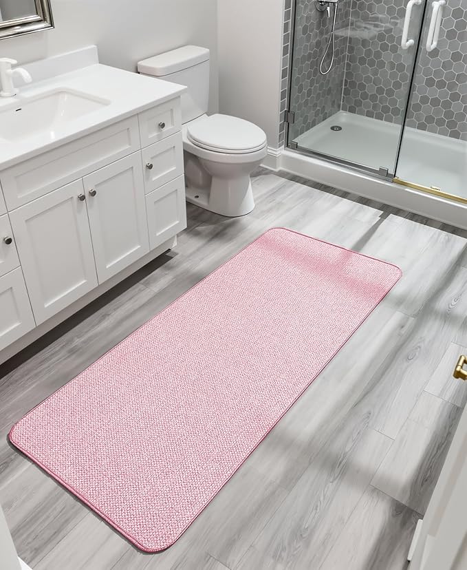 Bosap Bath Mat,Ultra Thin Bathroom Runner Rugs,Large Bath Mats for Bathroom,Quick Dry,Non-Slip,Machine Washable,Low Pile,Bath Rug,Shower Outside,Sink,Home Decor Accessories.Pink,2'x5'（24x60inch）
