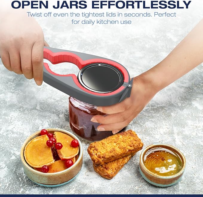 Jar Opener for Weak Hands with Firm Jar Gripper Pads and 2 Non Slip Grip Mats, Multifunction Kitchen Tool Set for Seniors, Easy Lid and Cap Removal (Red)