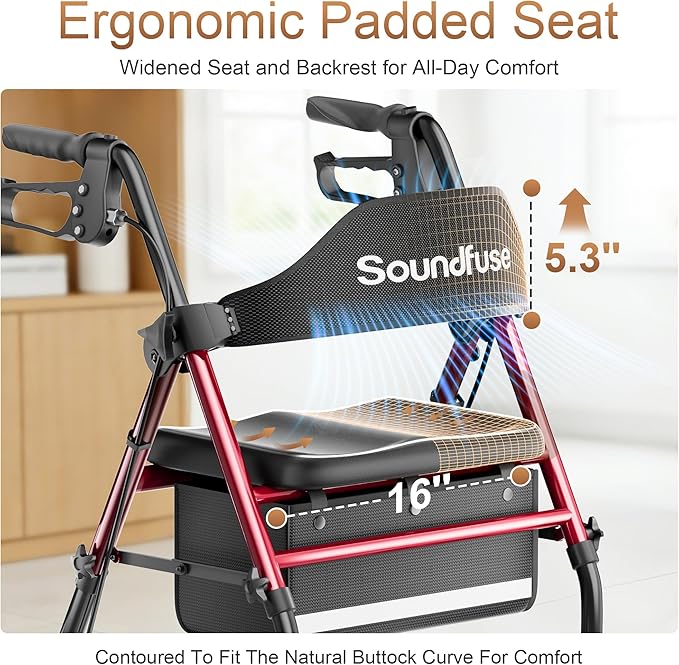 SOUNDFUSE Walkers for Seniors, Rollator Walker with Seat, 8" All Terrain Wheels, Double Support Bar, 16" Ergonomic Arc Seat and Comfortable Backrest, Dual Height Adjustable and Foldable Design