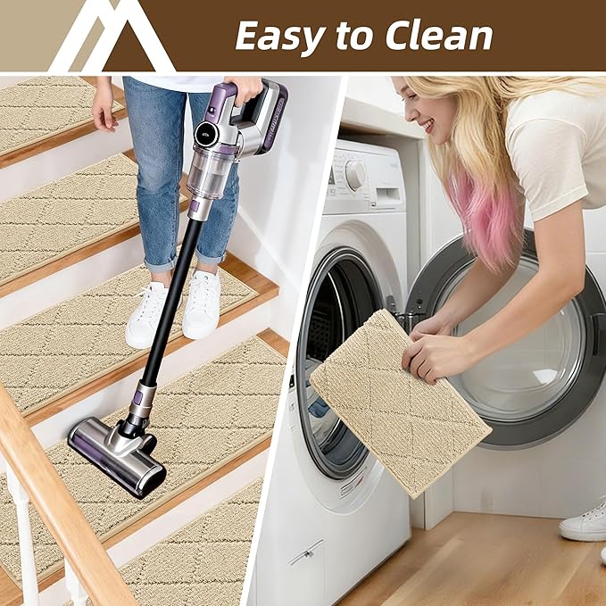 COSY HOMEER Stair Treads for Wooden Steps 9"x28",Washable Non Slip Carpet Stair Treads with Reusable Residue Free Backing Soft Peel and Stick Stair Runner Rugs for Kids Elders Pets,Warm Beige,4pcs