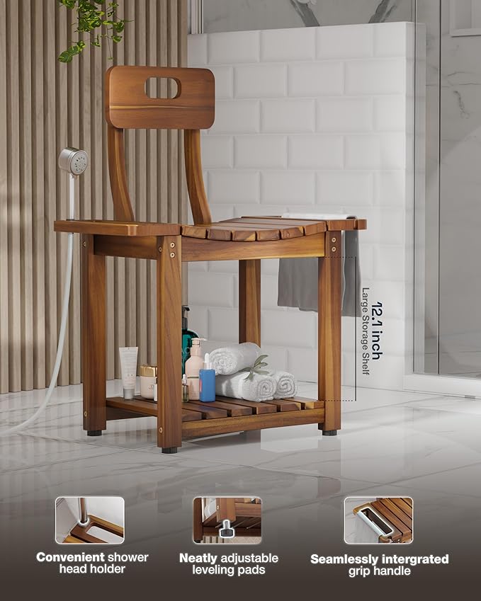 BLUEWEST 23.4'' Shower Chair with Backrest Bath Chair for Inside Shower or Tub, Heavy Duty 450 lbs Support, Non-Slip Feet, Shelf Storage, Built-in Handles for Elderly or Adults (Acacia)