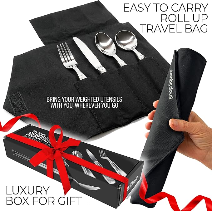 Weighted Utensils for Hand Tremors and Parkinson's Patients - 4 Piece Set Weighted Silverware for Elderly, Arthritis, Weak Hand Grip - Convenient Travel Bag, Stainless Steel, 7 Oz