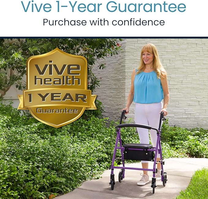 Vive Mobility Steel Rollator Walker with Seat - Foldable, Narrow, Rolling Senior Walker for Small Spaces - 4 Wheel Lightweight Adult Easy Drive with Underseat Storage, Adjustable Height (Purple)