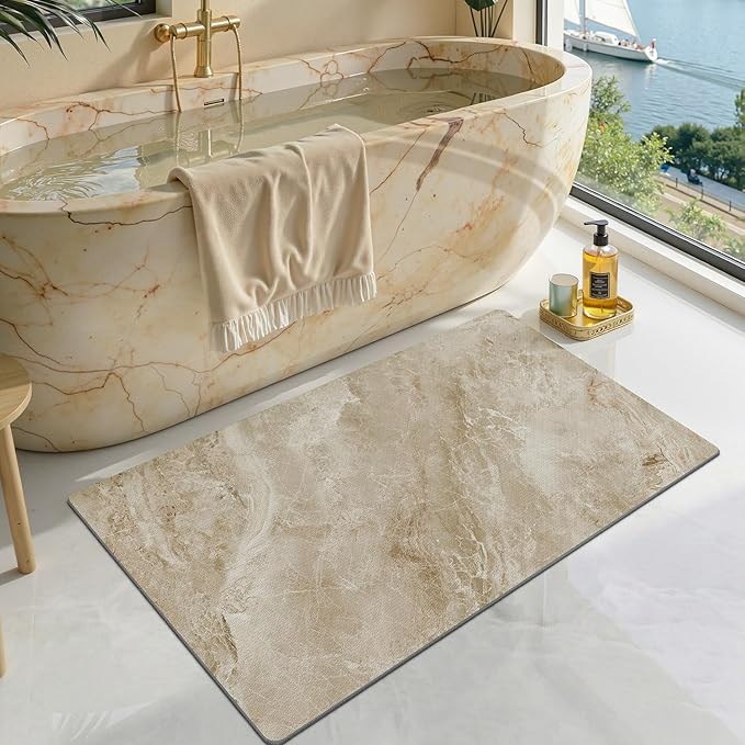 LUMI Ultra Thin Bath Mat, Super Absorbent Quick Dry Bathroom Rugs, Non-Slip Bathroom Mats, Marble Bathmats Fit Under Door, Bathtub, Sink, Shower Room, 24"x44", Brown