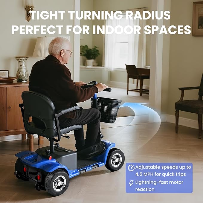 Mobility Scooter for Adults, Senior, 4 Wheels Electric Powered Chargeable Device for Travel, Lightweight Mobility Scooter, with LED Headlights and Basket, Charger Included
