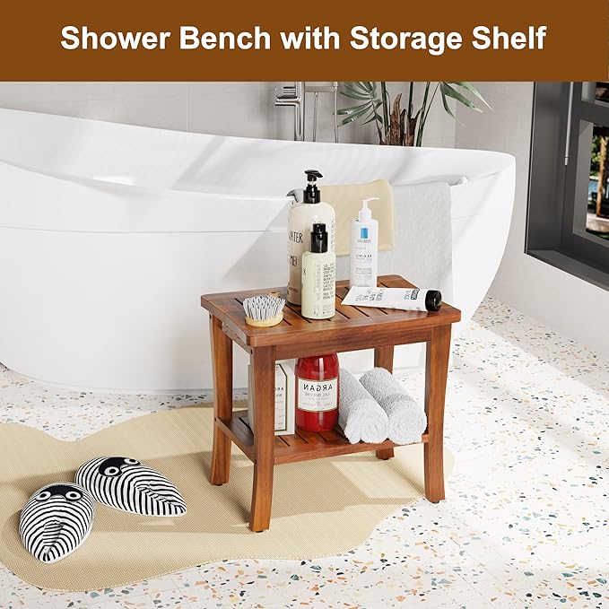 Large Teak Wood Shower Bench Stool with Storage Shelf Wooden Teak Bench for Shower Seat Chair for Inside Shower Waterproof Teakwood Shower Bench Bathroom Spa Bathing Shower Stool with Non-Slip Feet