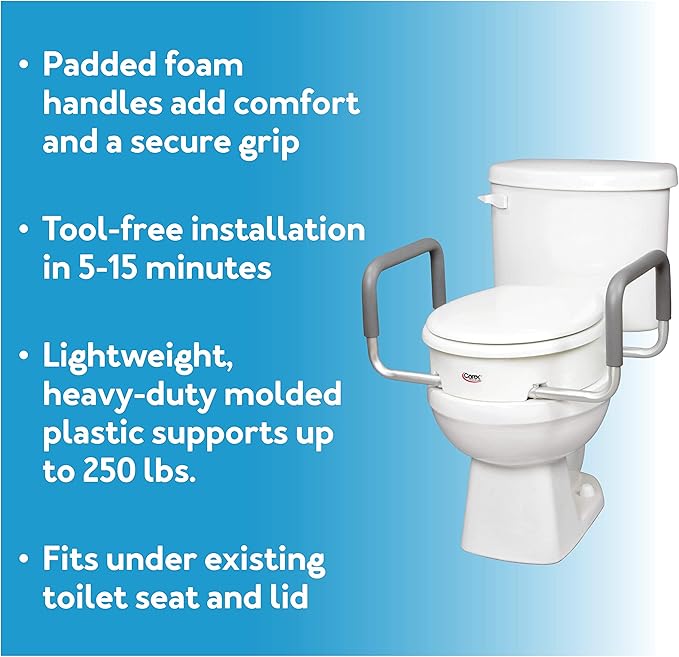 Carex 3.5 Inch Raised Toilet Seat with Arms, Elongated Toilet Seat Riser, Up to 250 lbs Capacity, Elevating & Raising Seat for Elderly & Handicap, Universal, Slip-Resistant with Padded Handles, White