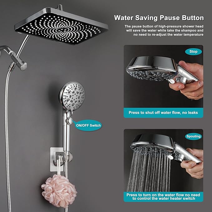 GwernKB Rain Shower Heads with Handheld Spray Combo,Fixed Showerhead&8-Mode Handheld Shower Head with 79 Inches Extra-long Stainless Steel Hose and Low-Reach Adhesive Wall Mount for Elderly