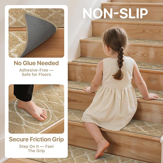 Non Slip Microfiber Stair Treads for Wooden Steps, 15PCS 8"x30" Indoor Safety Carpet, 3D Cut & Loop Tufted Edging Mats with TPE Adhesive Backing, Pet & Elderly Friendly Stair Rugs (Tan/White)