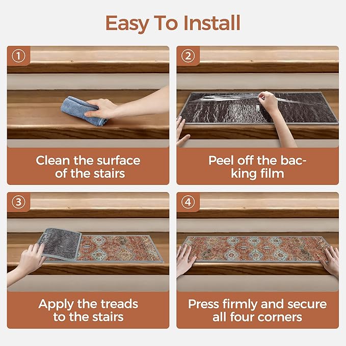 sarben Non Slip Stair Treads for Wooden Steps 15PCS - 8"x30" Indoor Safety Carpet, Edging Mats with TPE Adhesive Backing, Pet and Elderly Friendly Stair Rugs (Rust)
