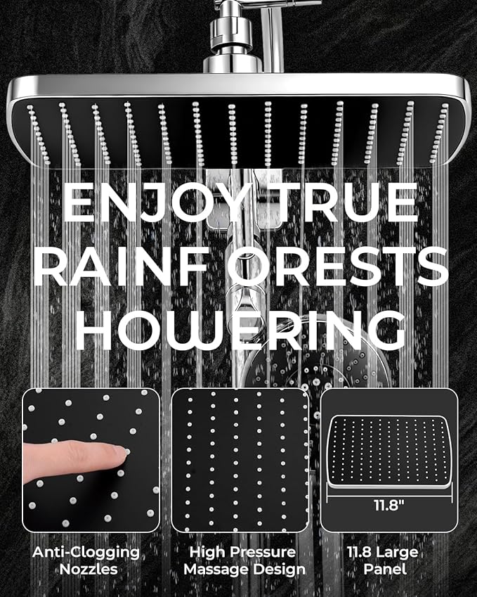 11.8" Rain Shower Head with Handheld, High Pressure Handheld Shower with Multi Spray Modes, Rainfall Combo with Metal Extension Arm, Detachable Dual Showerhead, Bathroom Decor, Chrome Silver