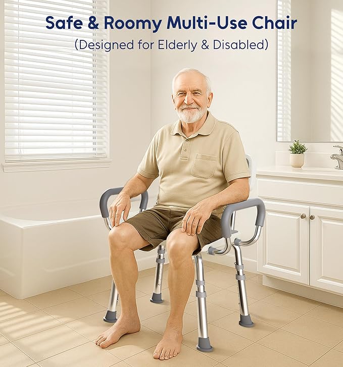 Bluelog Shower Chair for Inside Shower with Arms and Back, 500lbs Capacity Height Adjustable Shower Seat with Thickened Frame for Seniors, Elderly and Disabled