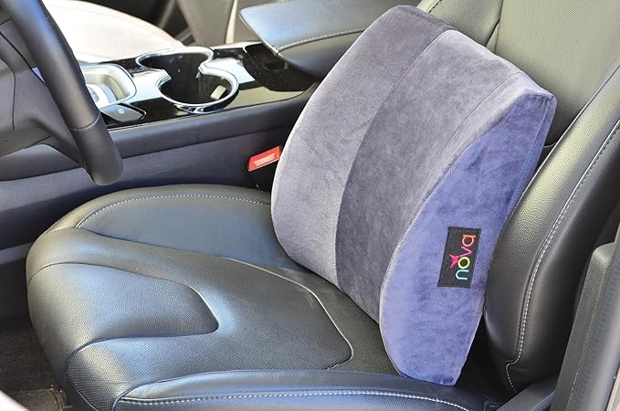 NOVA Lumbar Back Cushion – Contoured High-Density Foam Back Support Pillow for Office Chair, Car, Plane & Wheelchair, Adjustable Strap, Removable Washable Velour Cover, Charcoal Blue (14” x 13”)