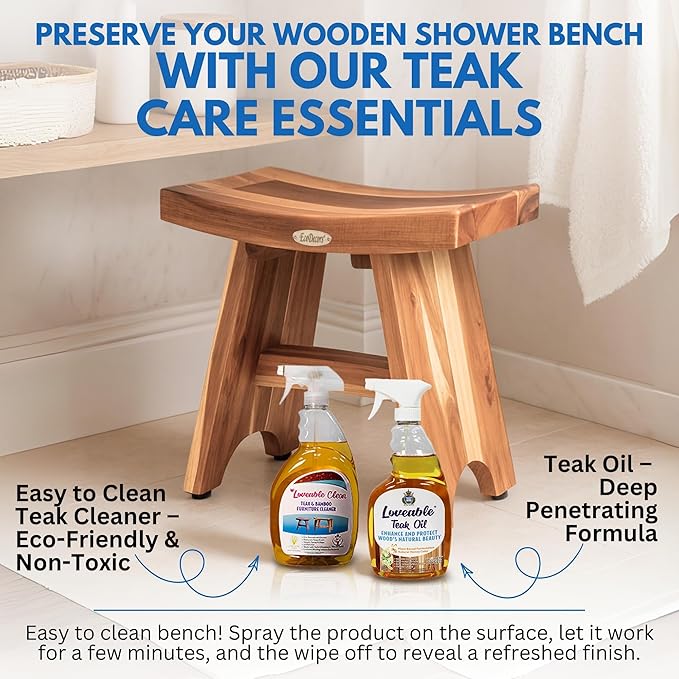 EcoDecors Teak Shower Bench 18", 300 lb Capacity – Waterproof Teak Bath Seat for Adults - Compact Spa Stool for Small Bathrooms & Walk-in Showers with Slip-Resistant Feet