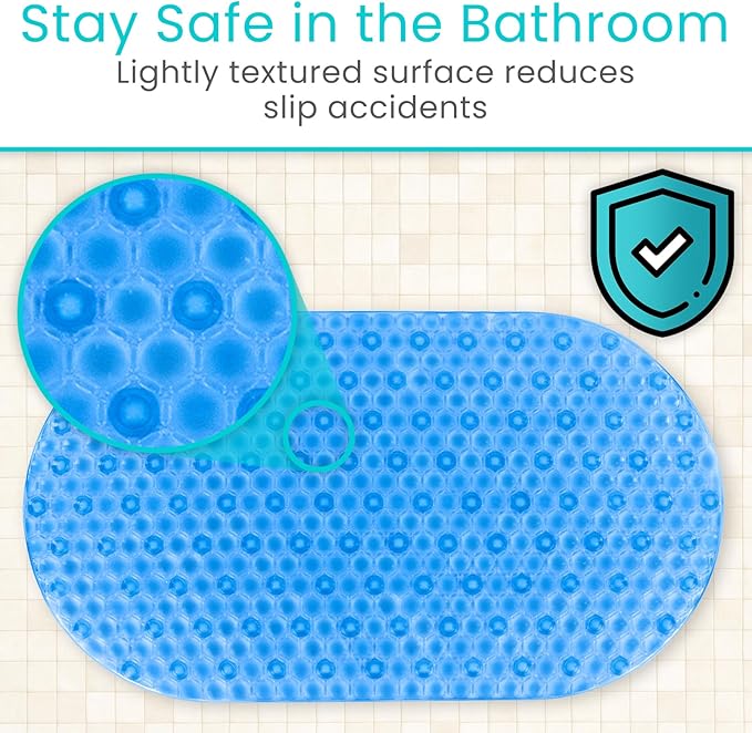 Vive Oval Bathtub Mat - Nonslip Shower Floor Pad - Non-Slip and Non-Skid for Bath Tub with Strong Rubber Suction Cup Grip - for Baby, Elderly, Kids, Bathroom (Blue)