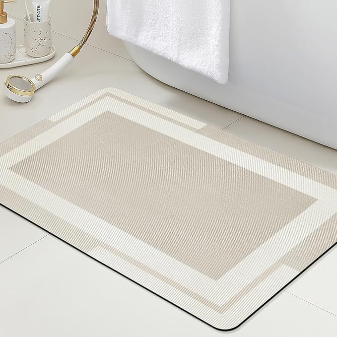 ACCUMTEK Non Slip Bath Mat, Thin Bathroom Rugs Fit Under Door, Quick Dry Bath Mats, Machine Washable Bath Rugs for Bathroom, Bathtub & Kitchen, Bathtub, Light Beige/Bordered/24 x17