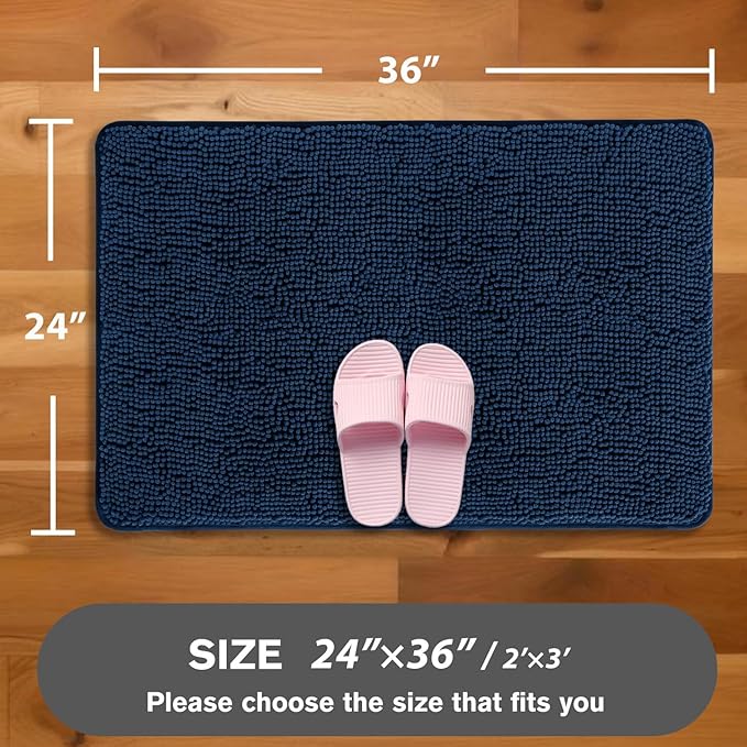 Navy Blue Bathroom Rugs – Absorbent and Washable Bath Mat, Non-Slip, Thick Soft Chenille Bath Rugs for Bathroom Floor, Shower, Sink - 24" x 36"