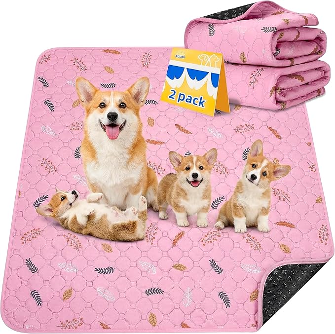 Sunheir 2-Pack Extra Large Reusable Dog Mat for Floor, Dog Playpen, Non-Slip Waterproof Dog Pee Pad, Super Absorbent Washable Pee Pads for Dogs, Pet Whelping Pads, Potty Training - Pink, 36" x 41"