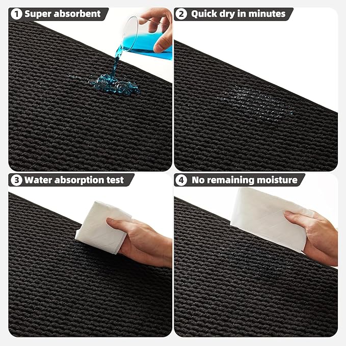 TYUU Black Bathroom Rugs Non Slip Washable, Super Absorbent Thin Bath Mat Quick Dry Low Pile Bathroom Rug, Black 24''x47''