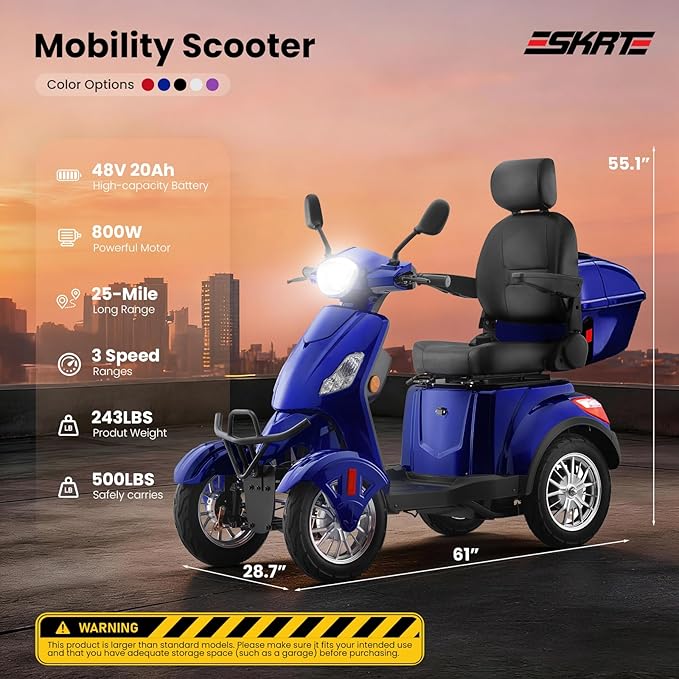 Super Large Electric 4 Wheel Mobility Scooters, Heavy Duty 800W Wheelchair Device, 25 Miles Long Range, All Terrain Mobility Scooter，Speed Adjust, Remote Key,Receive Ready to Ride (Blue)