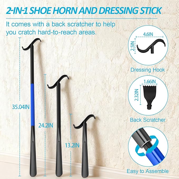 MXCOIRTP Assistive Device No Bending Kit for Elderly -Sock Aids, Foldable Reacher Grabber with 360° Rotating Jaw & Magnet, Long Shoe Horn Handle & Dressing Stick & Back Scratcher for Seniors, Disabled