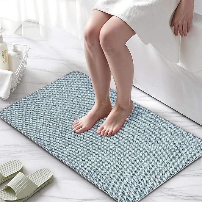 Upgraded Bath Mat 20x24Inch, Thin Bath Mats Rugs with Rubber Backing Non-Slip, Absorbent,Quick Dry Machine Washable, Home Decor Accessories Cozy Cloth Bathroom Rugs fit Under Door/Sink/Tub/Shower-Blue