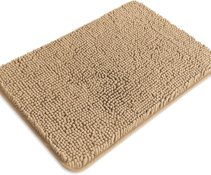 Beige Bathroom Rugs – Absorbent and Washable Bath Mat, Non-Slip, Thick Soft Chenille Bath Rugs for Bathroom Floor, Shower, Sink - 17" x 24"
