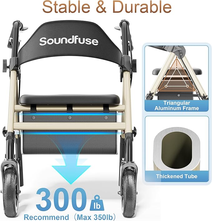 SOUNDFUSE Rollator Walkers for Seniors with Seat, Foldable Lightweight Rolling Walker with 8" Big PU Wheels, Ergonomic Seat, Dual Height Adjustment