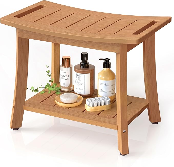Waterproof Shower Benches for Inside Shower, Poly Lumber Shower Stool with Storage Shelf & Adjustable Feet, SPA Bathroom Seat Chair for Shaving Legs, Indoor or Outdoor Use, Teak Brown