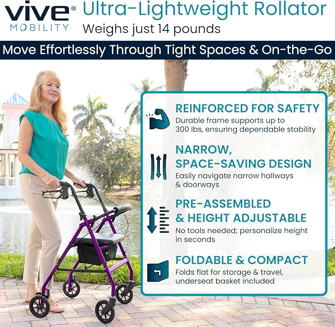 Vive Ultra Lightweight Rollator Walker with Seat - Foldable, Narrow, Rolling Senior Walker for Small Spaces - 4 Wheel Aluminum Adult Easy Drive Aid with Underseat Accessory
