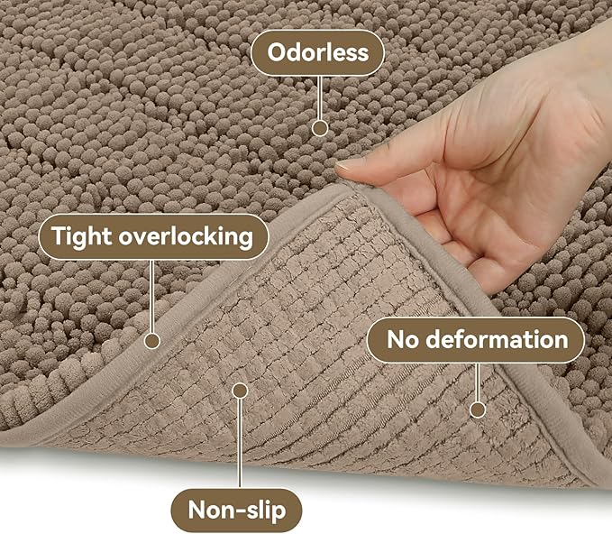 Bcoimo Large Bathroom Rug, Chenille Bath Mat with High Low Pile Design, Soft Absorbent Non Slip Bath Rug, Machine Washable Quick Dry Mat for Shower, Tub, Sink and Vanity